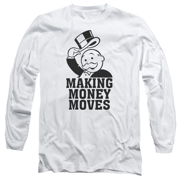 White men's long sleeve t-shirt with Monopoly Making Money Moves graphic
