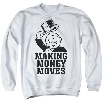 White men's crewneck sweatshirt with Monopoly Making Money Moves graphic