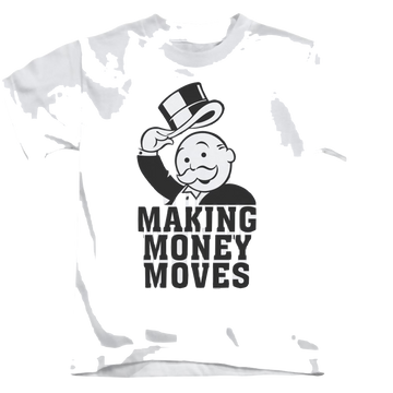 White kid's t-shirt for ages 4 to 7 with Monopoly Making Money Moves graphic