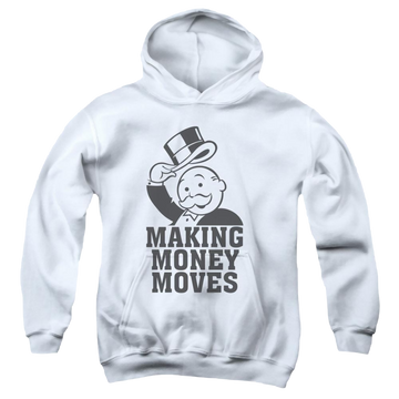 White youth hoodie for ages 8 to 12 with Monopoly Making Money Moves graphic