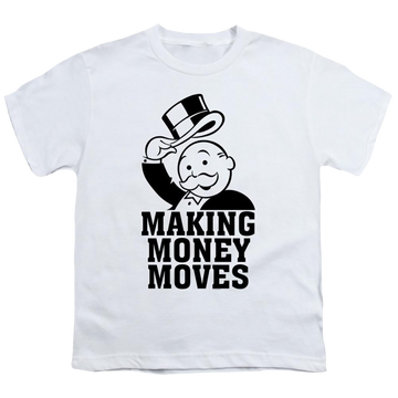 White youth t-shirt for ages 8 to 12 with Monopoly Making Money Moves graphic