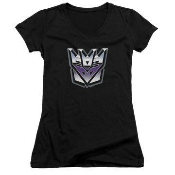 Black juniors v-neck t-shirt with Transformers Decepticon Airbrush Logo graphic