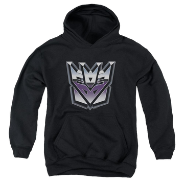 Black youth hoodie for ages 8 to 12 with Transformers Decepticon Airbrush Logo graphic