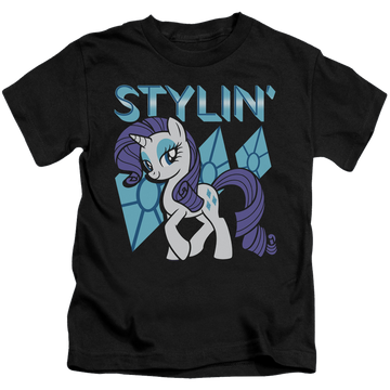 Black kid's t-shirt for ages 4 to 7 with My Little Pony Friendship Is Magic Stylin graphic