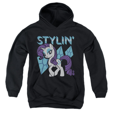 Black youth hoodie for ages 8 to 12 with My Little Pony Friendship Is Magic Stylin graphic
