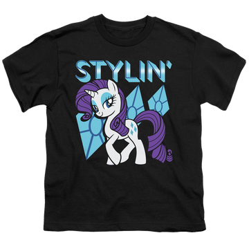 Black youth t-shirt for ages 8 to 12 with My Little Pony Friendship Is Magic Stylin graphic