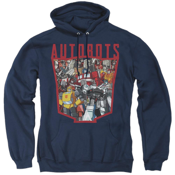 Navy pullover hoodie with Transformers Autobot Collage graphic