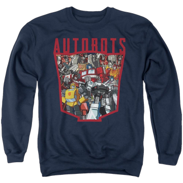 Navy men's crewneck sweatshirt with Transformers Autobot Collage graphic