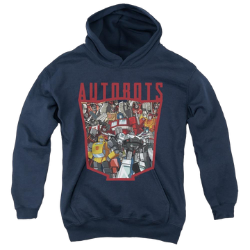 Navy youth hoodie for ages 8 to 12 with Transformers Autobot Collage graphic