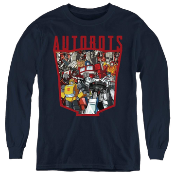 Navy youth long sleeve t-shirt with Transformers Autobot Collage graphic