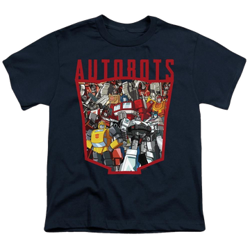 Navy youth t-shirt for ages 8 to 12 with Transformers Autobot Collage graphic