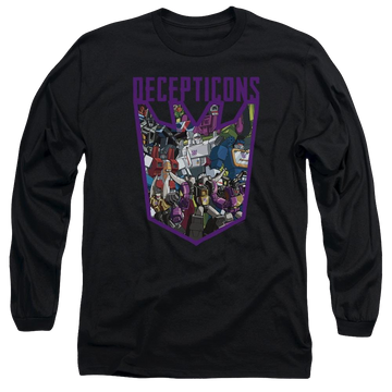 Black men's long sleeve t-shirt with Transformers Decepticon Collage graphic
