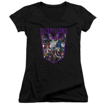Black juniors v-neck t-shirt with Transformers Decepticon Collage graphic