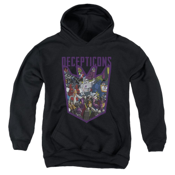 Black youth hoodie for ages 8 to 12 with Transformers Decepticon Collage graphic