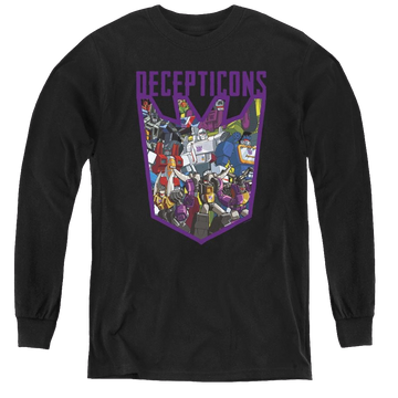Black youth long sleeve t-shirt with Transformers Decepticon Collage graphic