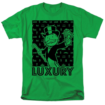 Kelly green men's regular fit t-shirt with Monopoly Luxury graphic