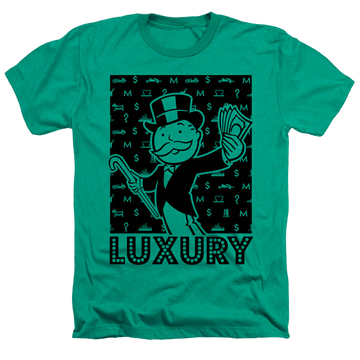 Kelly green men's heather t-shirt with Monopoly Hasbro Luxury graphic