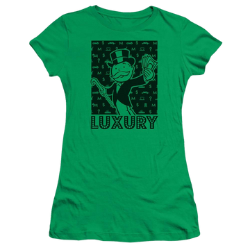 Kelly green juniors t-shirt with Monopoly Luxury graphic