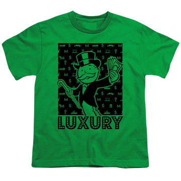 Kelly green youth t-shirt for ages 8 to 12 with Monopoly Luxury graphic