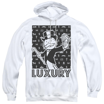 White pullover hoodie with Monopoly Luxury graphic