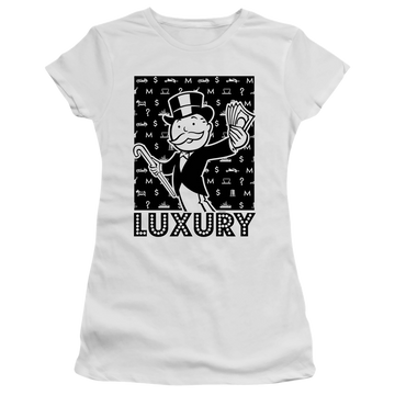 White juniors t-shirt with Monopoly Luxury graphic