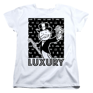 White women's t-shirt with Monopoly Luxury graphic