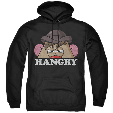 Black pullover hoodie with Mr Potato Head Hangry graphic