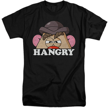 Black men's tall fit t-shirt with Mr Potato Head Hangry graphic