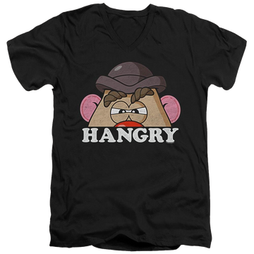 Black men's v-neck t-shirt with Mr Potato Head Hangry graphic