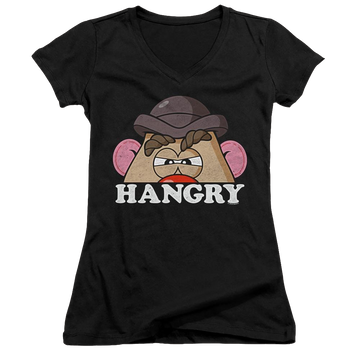 Black juniors v-neck t-shirt with Mr Potato Head Hangry graphic
