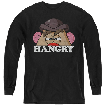 Black youth long sleeve t-shirt with Mr Potato Head Hangry graphic