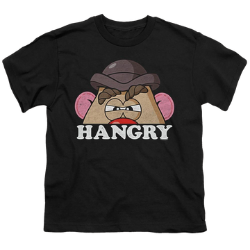 Black youth t-shirt for ages 8 to 12 with Mr Potato Head Hangry graphic