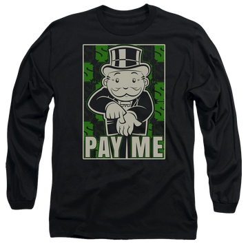 Black men's long sleeve t-shirt with Monopoly Pay Me graphic
