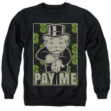 Black men's crewneck sweatshirt with Monopoly Pay Me graphic