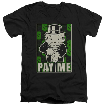 Black men's v-neck t-shirt with Monopoly Pay Me graphic