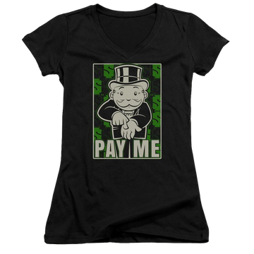 Black juniors v-neck t-shirt with Monopoly Pay Me graphic