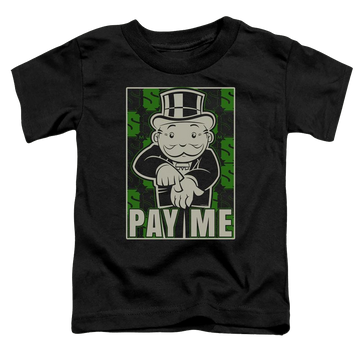Black toddler t-shirt with Monopoly Pay Me graphic