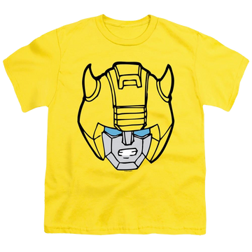 Yellow youth t-shirt for ages 8 to 12 with Transformers Bumblebee Head graphic