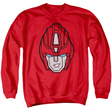 Red men's crewneck sweatshirt with Transformers Hot Rod Head graphic