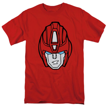Red men's regular fit t-shirt with Transformers Hot Rod Head graphic