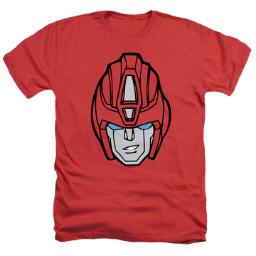 Red men's heather t-shirt with Transformers Hot Rod Head graphic