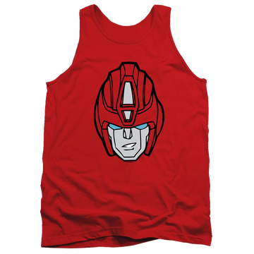 Red men's tank with Transformers Hot Rod Head graphic