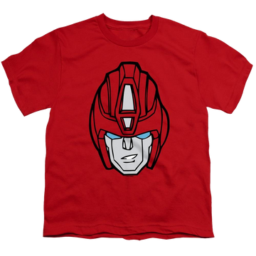 Red youth t-shirt for ages 8 to 12 with Transformers Hot Rod Head graphic