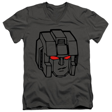 Charcoal men's v-neck t-shirt with Transformers Starscream Head graphic