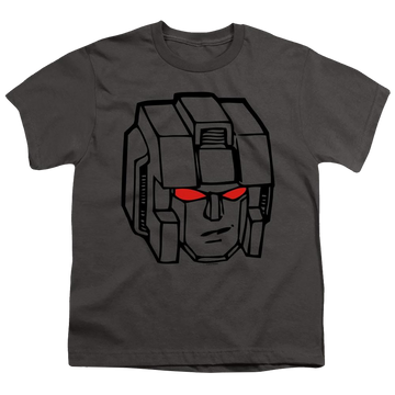 Charcoal youth t-shirt for ages 8 to 12 with Transformers Starscream Head graphic
