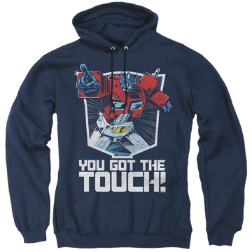 Navy pullover hoodie with Transformers You Got The Touch graphic