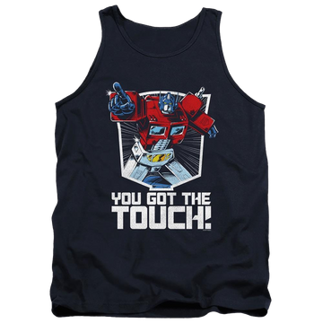 Navy men's tank with Transformers You Got The Touch graphic