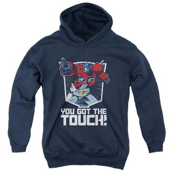 Navy youth hoodie for ages 8 to 12 with Transformers You Got The Touch graphic