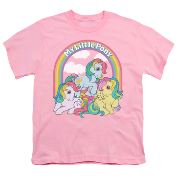 Pink youth t-shirt for ages 8 to 12 with My Little Pony Classic Under The Rainbow graphic