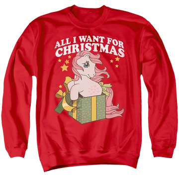 Red men's crewneck sweatshirt with My Little Pony Classic All I Want graphic